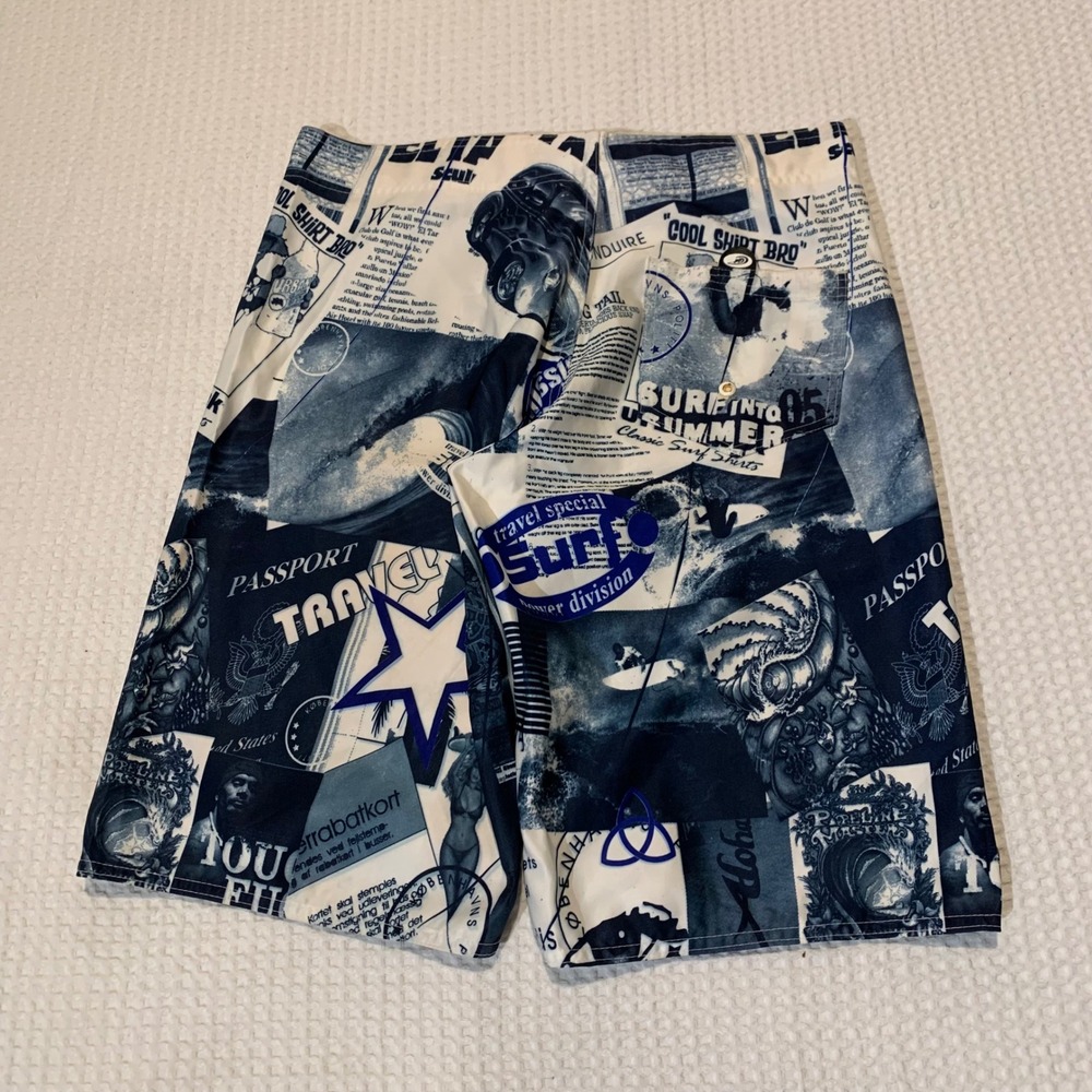 Mens Blue White Graphic Collage Print Board Shorts Swim Trunks Size 33 - Picture 5 of 5